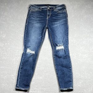 True Religion Rocco Relaxed Skinny Jeans Womens Sz 34 Blue Dark Wash Distressed